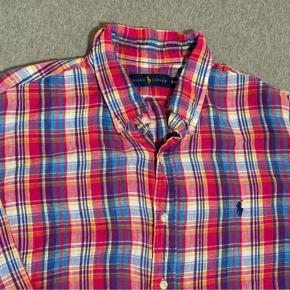 RALPH LAUREN Slim Men's XXL Plaid Multicolor Button-Down Logo Polo Red Blue Pink - Picture 6 of 9